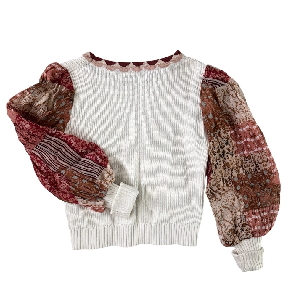 Boho White Ribbed Rust‎ Orange Patchwork Balloon Sleeve Sweater Size Small - Picture 3 of 6